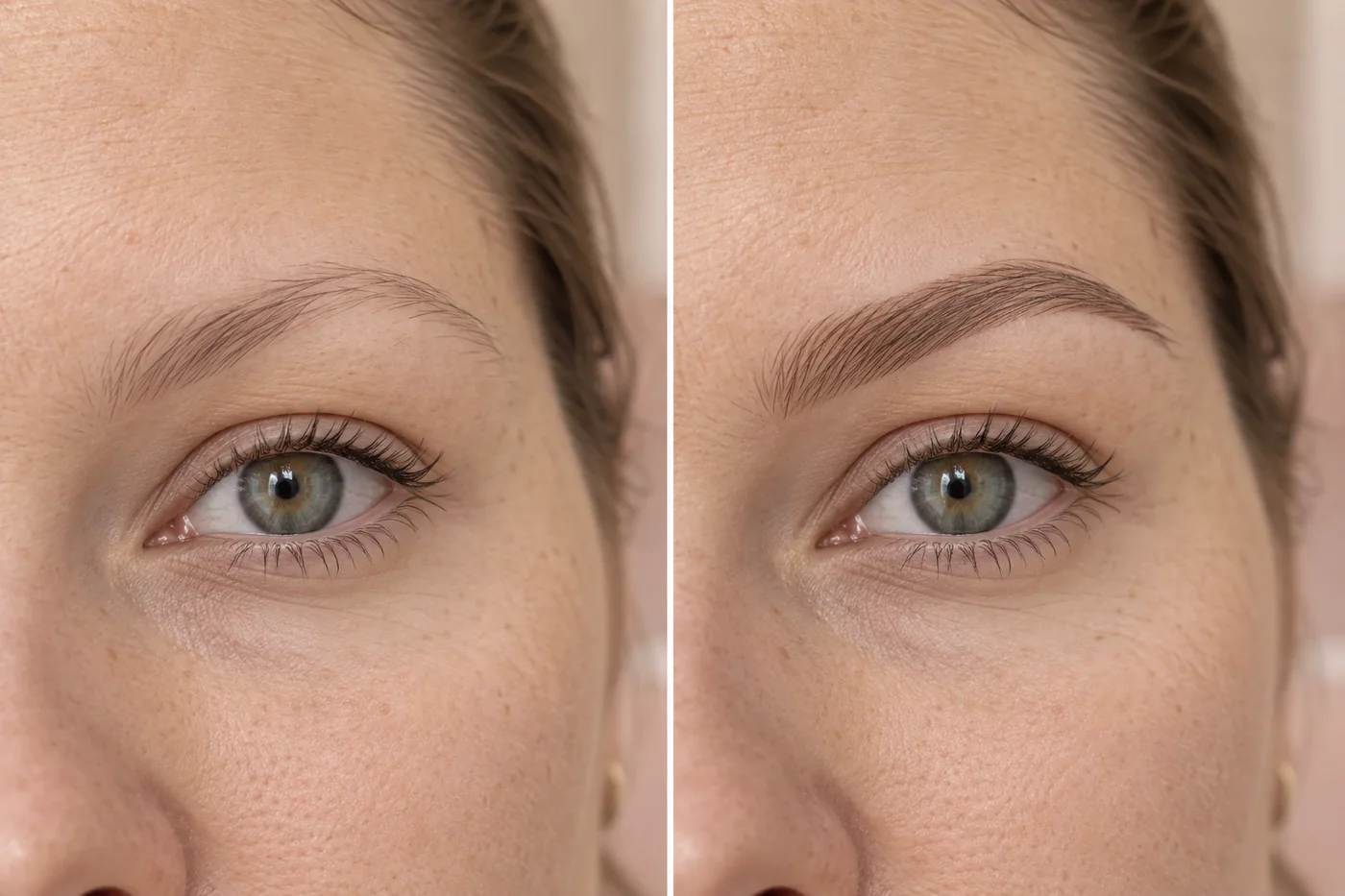 Antes e depois de henna: sobrancelha apagada à esquerda e pigmentada à direita
