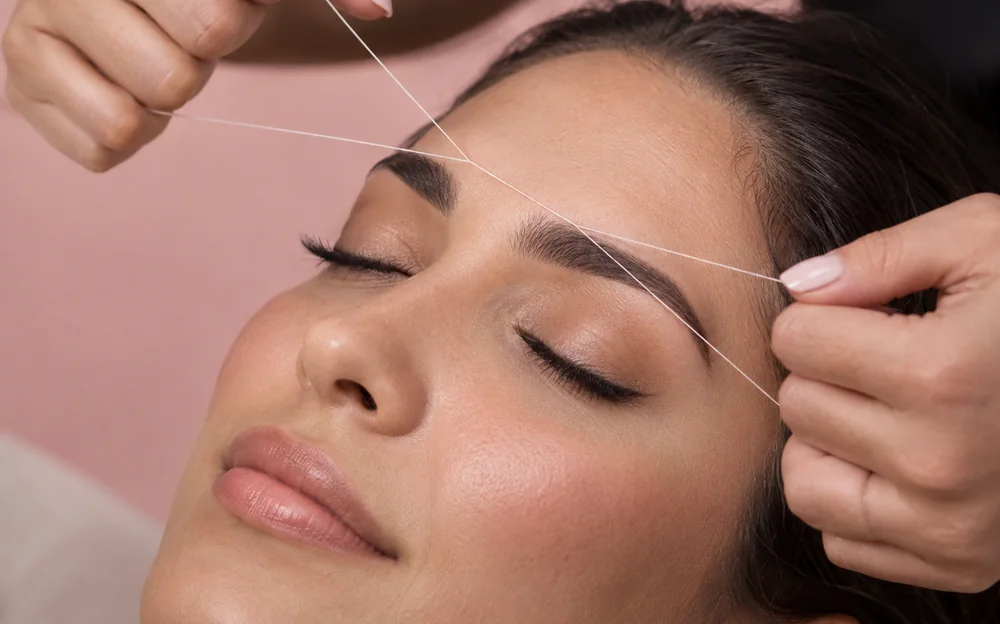 Remoção dos pelos da sobrancelha com linha de algodão